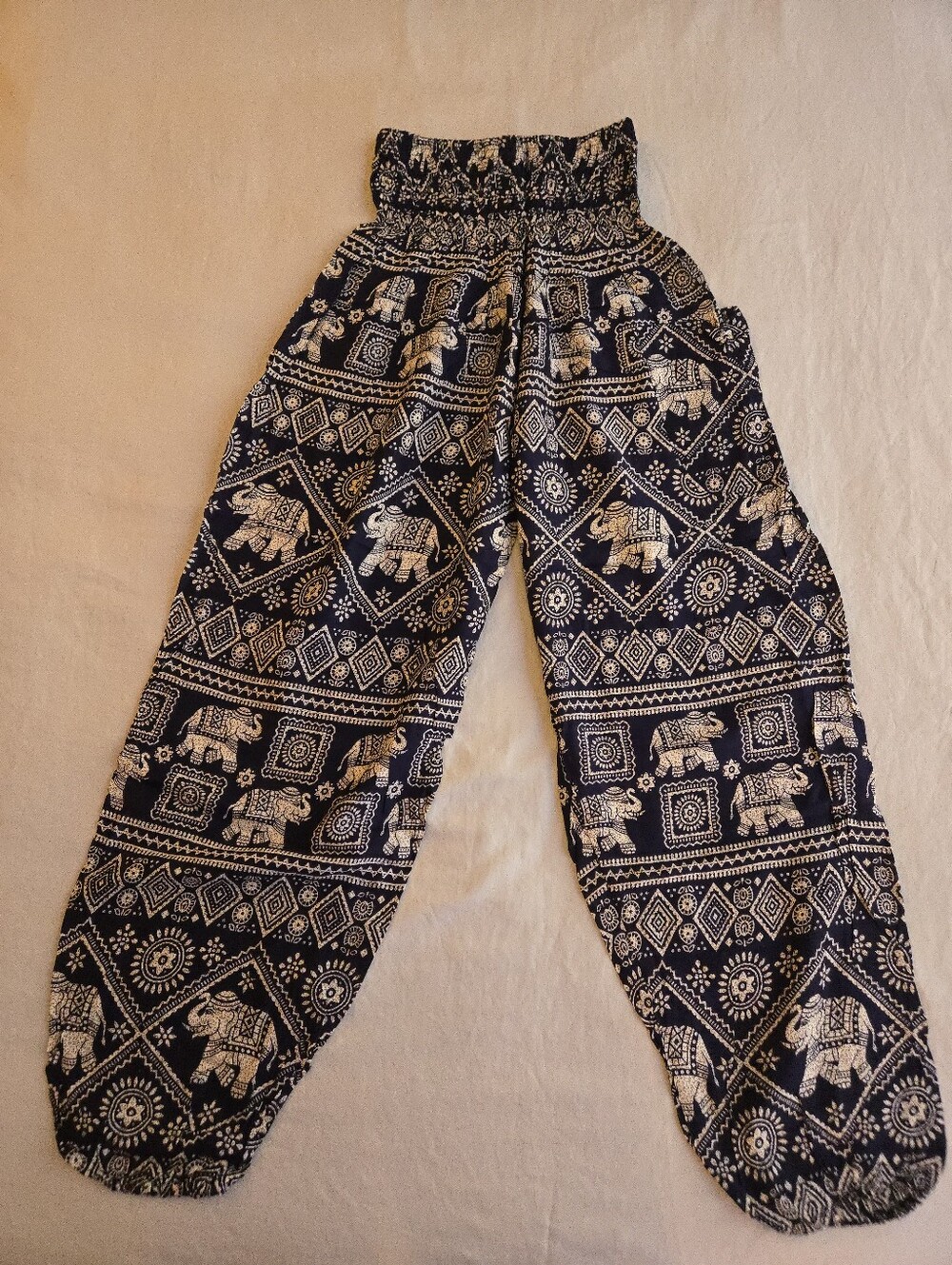 Navy Cream Thai Elephant Print Harem Pants Bohemian Hippie Festival EB5 - Picture 9 of 10